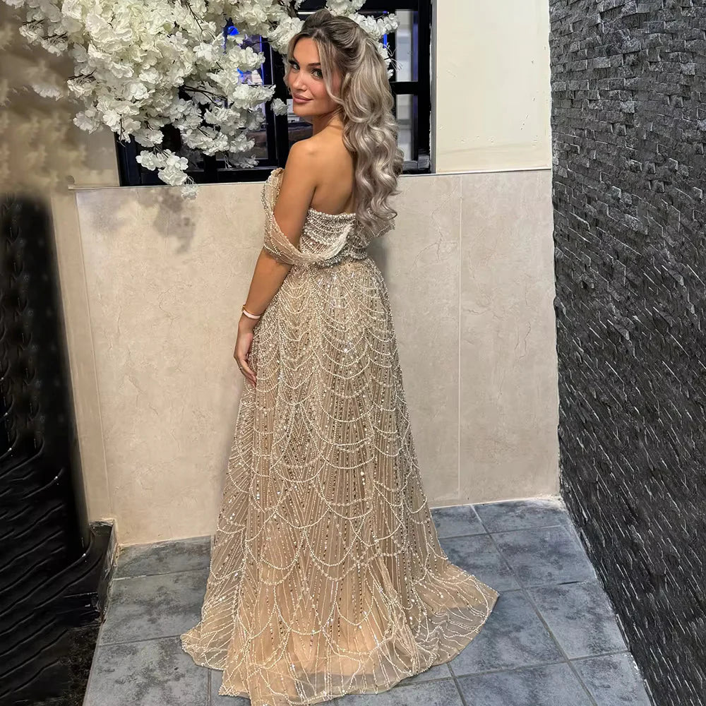 Luxury Beaded Champagne Off-Shoulder Evening Dress SS676, Green / 8