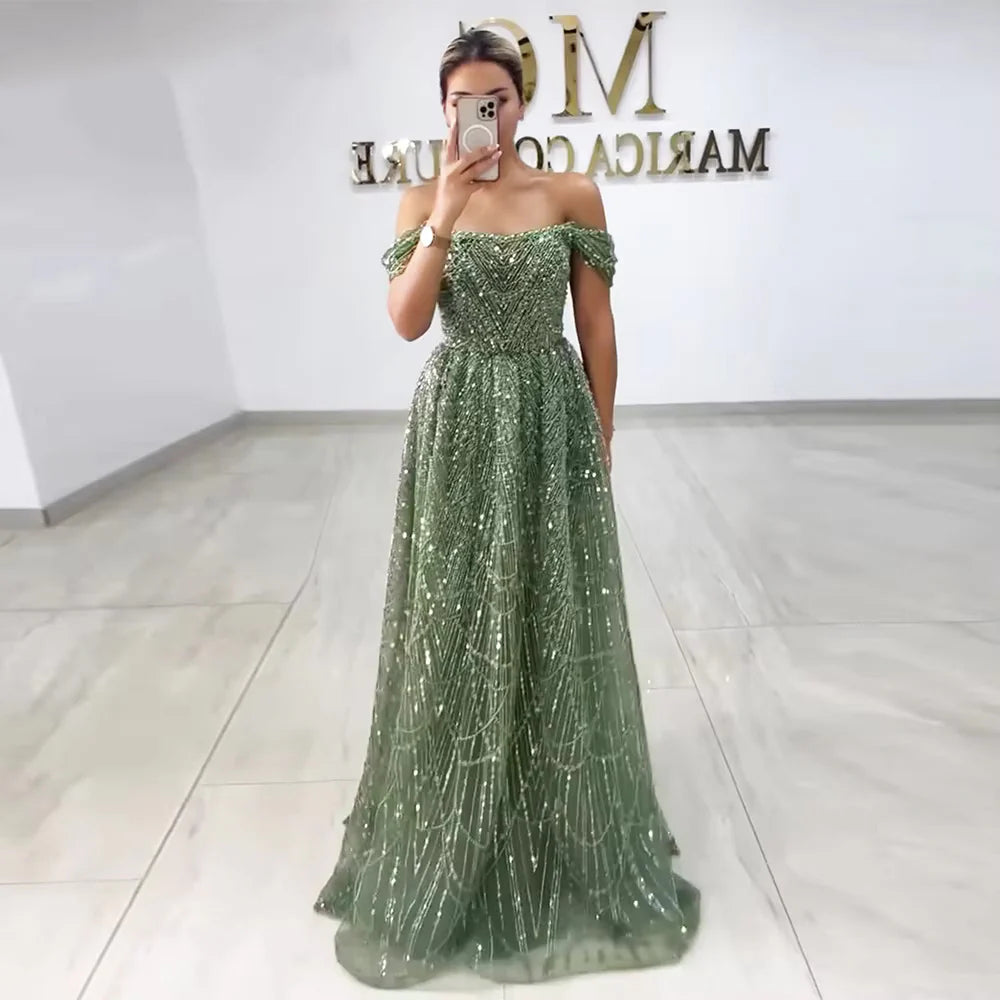 Luxury Beaded Champagne Off-Shoulder Evening Dress SS676, Green / 8