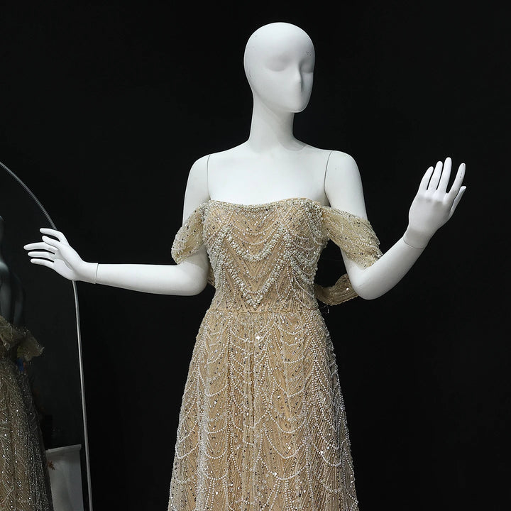 Luxury Beaded Champagne Off-Shoulder Evening Dress SS676
