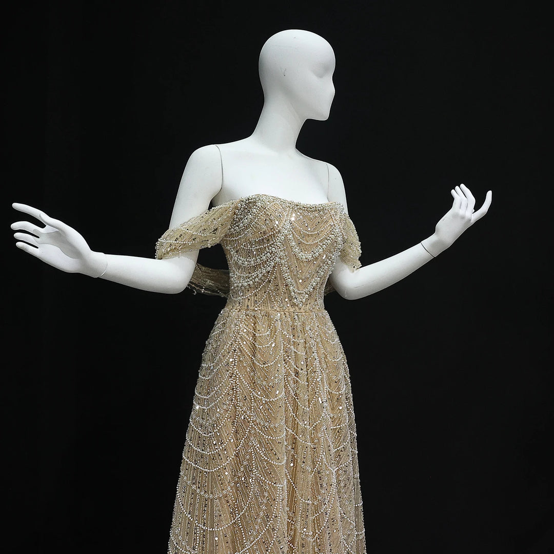 Luxury Beaded Champagne Off-Shoulder Evening Dress SS676 – DreamyVow