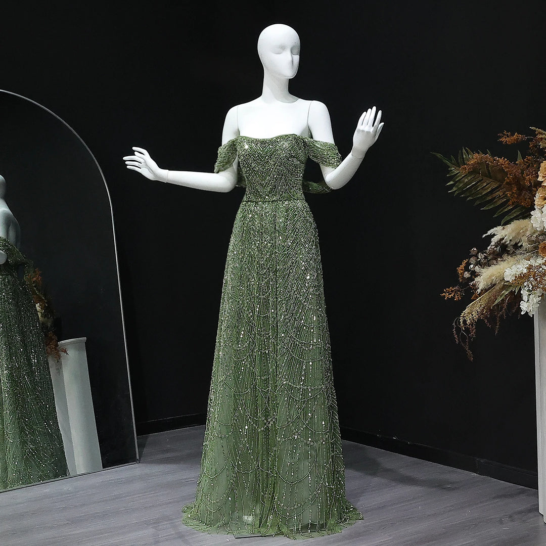 Luxury Beaded Champagne Off-Shoulder Evening Dress SS676 DreamyVow Luxury Beaded Champagne Off-Shoulder Evening Dress SS676 DreamyVow