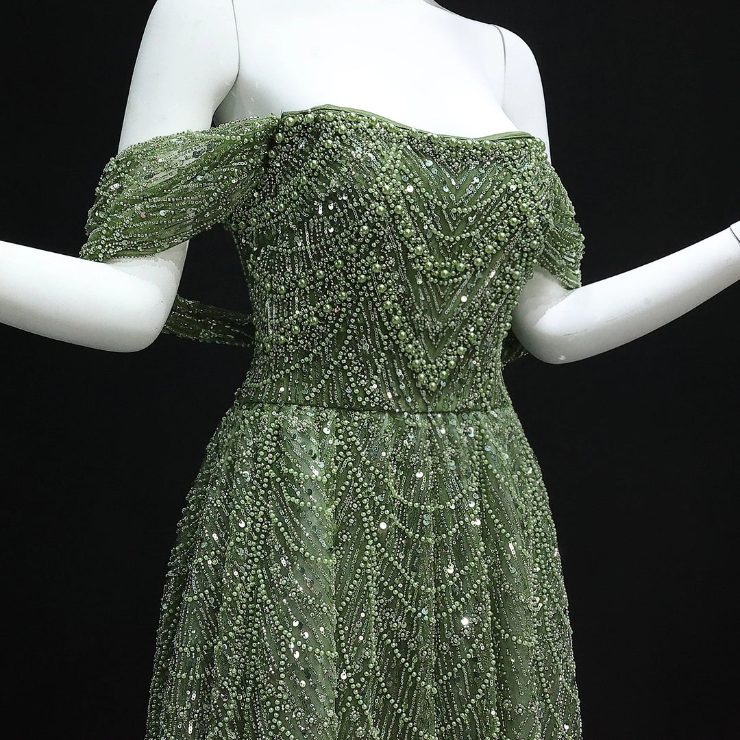 Luxury Beaded Champagne Off-Shoulder Evening Dress SS676 – DreamyVow