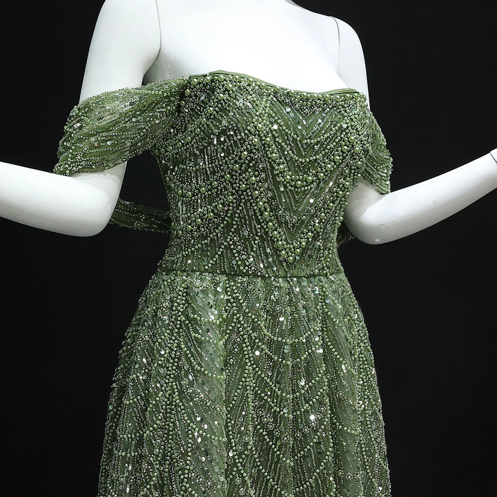 Luxury Beaded Champagne Off-Shoulder Evening Dress SS676