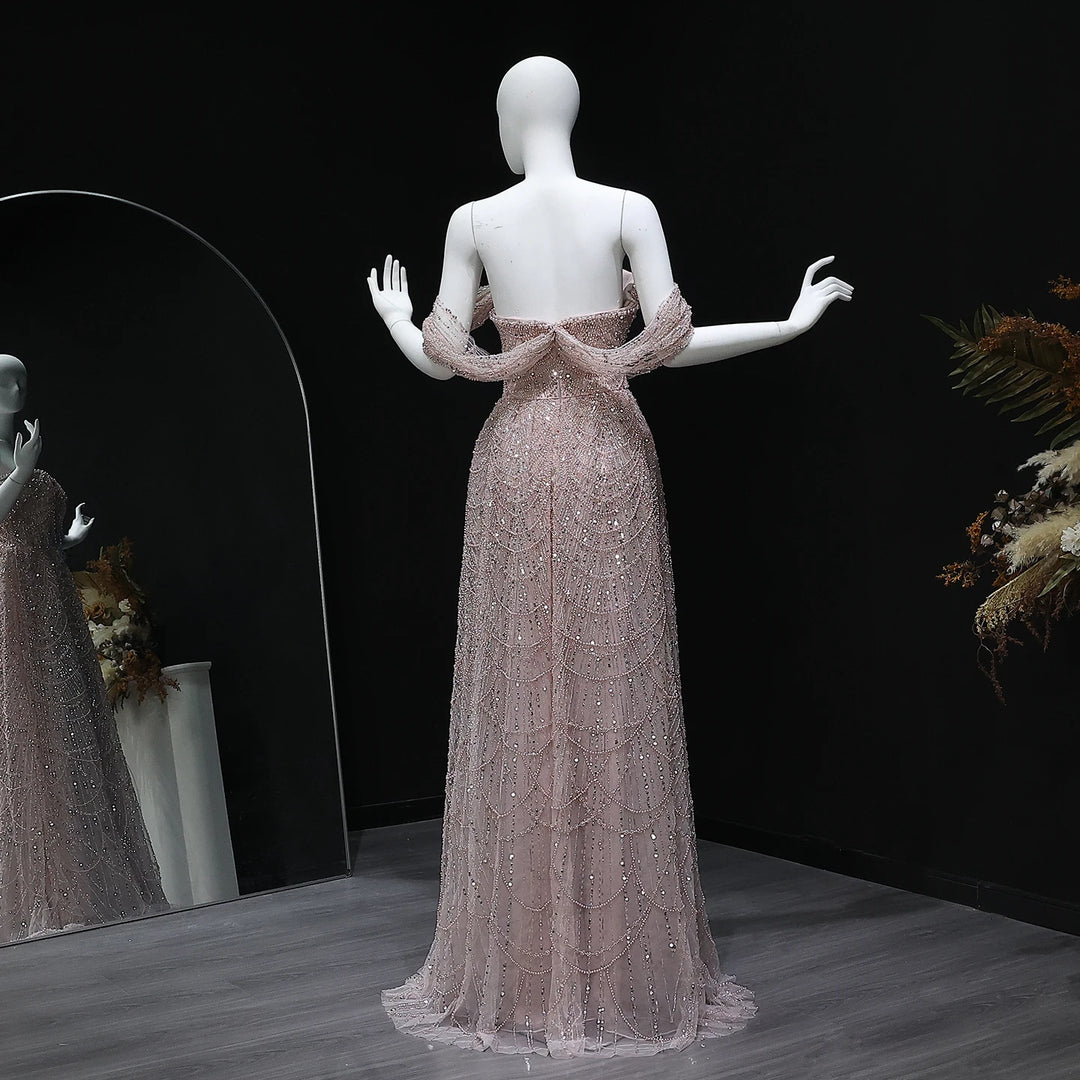 Luxury Beaded Champagne Off-Shoulder Evening Dress SS676 – DreamyVow