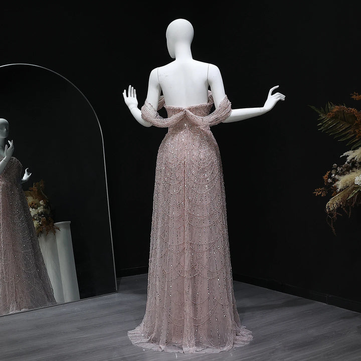 Luxury Beaded Champagne Off-Shoulder Evening Dress SS676