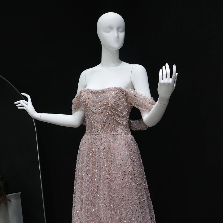 Luxury Beaded Champagne Off-Shoulder Evening Dress SS676