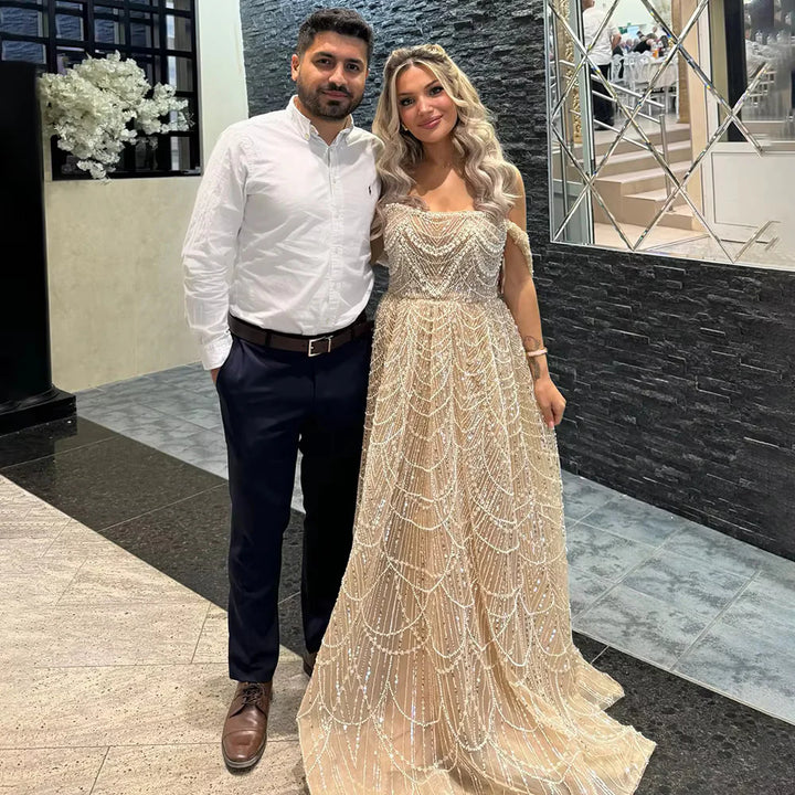 Luxury Beaded Champagne Off-Shoulder Evening Dress SS676