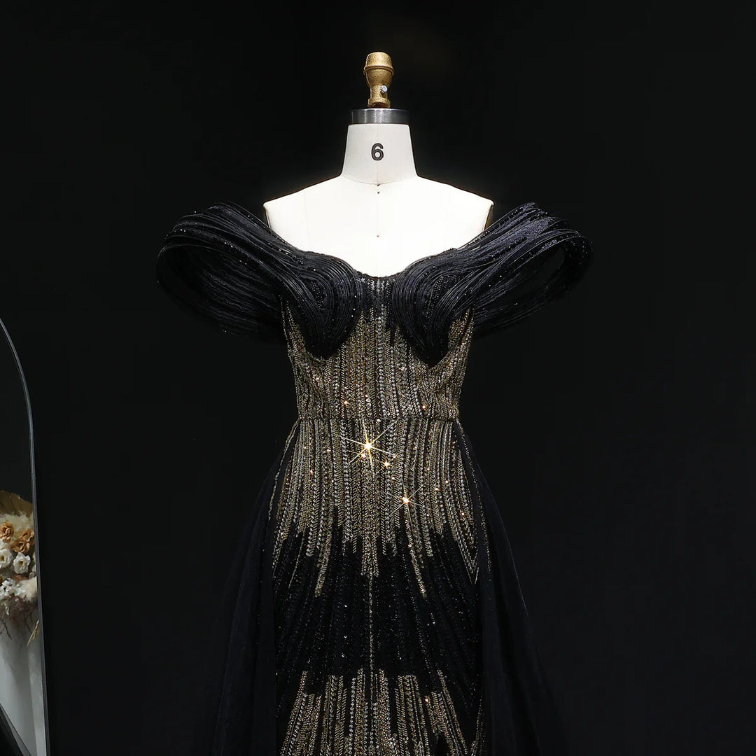 Luxury Beaded Corset Evening Gown with Dramatic Overskirt SS717 Black / 18