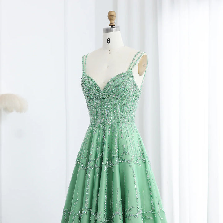 Luxury Beaded Dubai Green Evening Dresses with Spaghetti Straps SS225