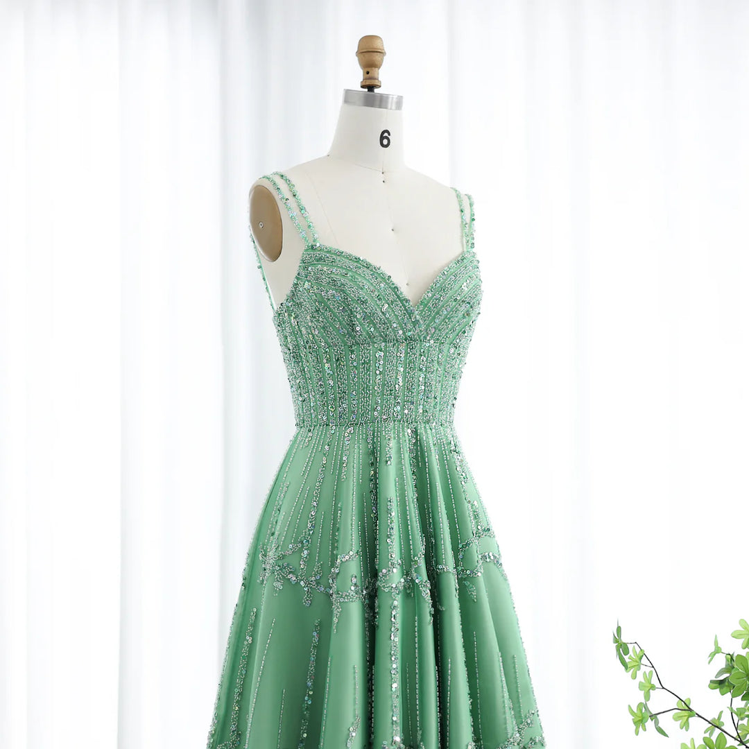 Luxury Beaded Dubai Green Evening Dresses with Spaghetti Straps SS225