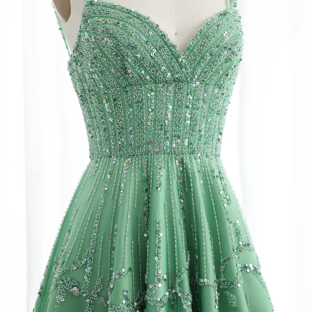 Luxury Beaded Dubai Green Evening Dresses with Spaghetti Straps SS225
