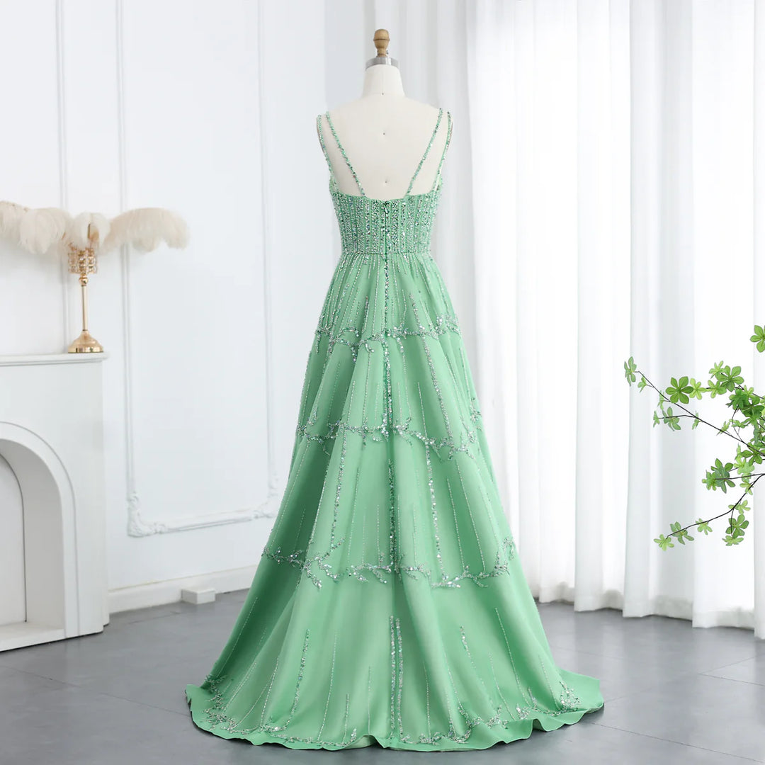 Luxury Beaded Dubai Green Evening Dresses with Spaghetti Straps SS225 DreamyVow Luxury Beaded Dubai Green Evening Dresses with Spaghetti Straps SS225 DreamyVow