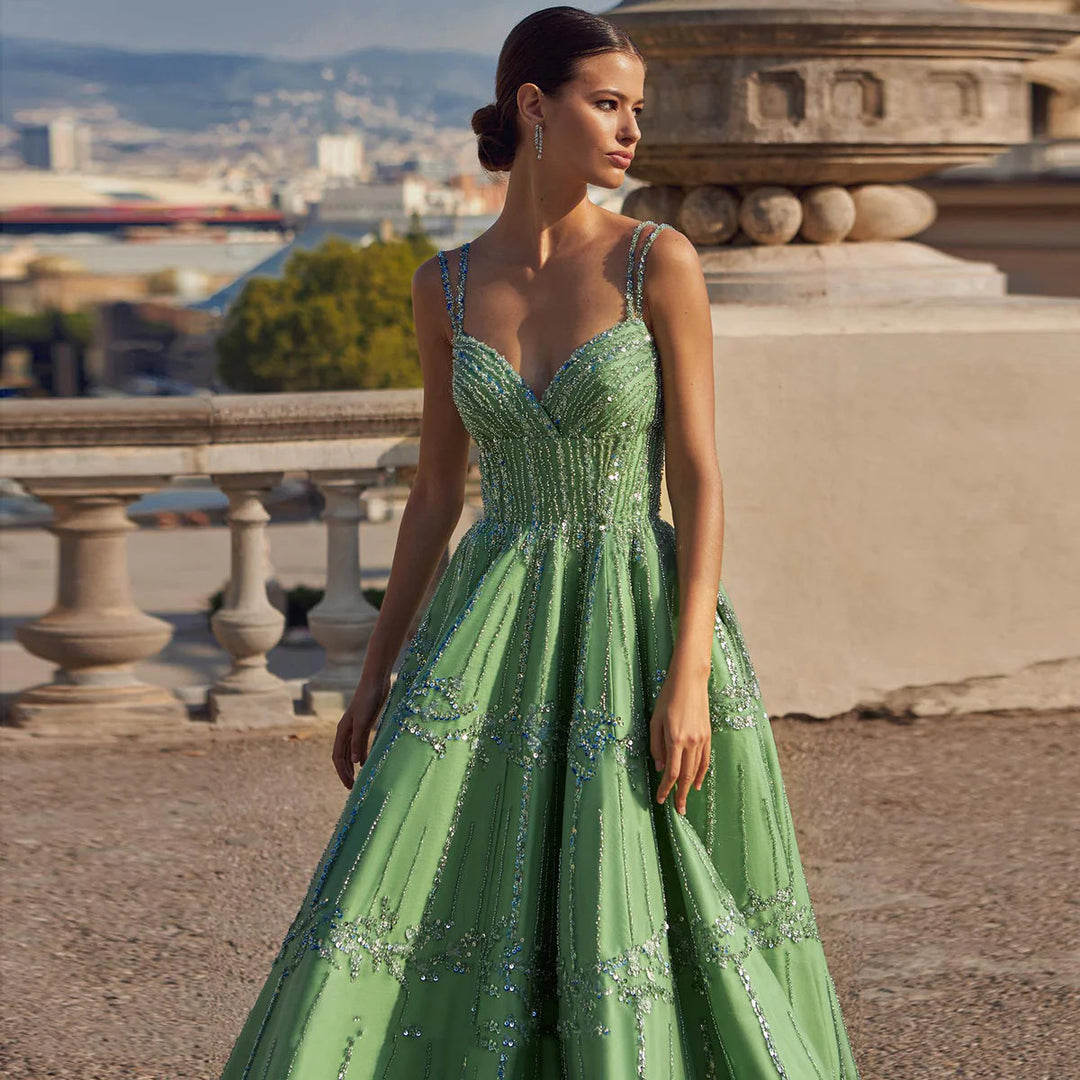Luxury Beaded Dubai Green Evening Dresses with Spaghetti Straps SS225 DreamyVow Luxury Beaded Dubai Green Evening Dresses with Spaghetti Straps SS225 DreamyVow