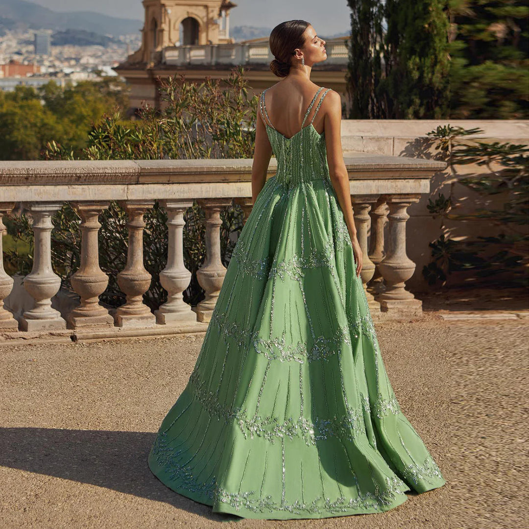 Luxury Beaded Dubai Green Evening Dresses with Spaghetti Straps SS225 DreamyVow Luxury Beaded Dubai Green Evening Dresses with Spaghetti Straps SS225 DreamyVow