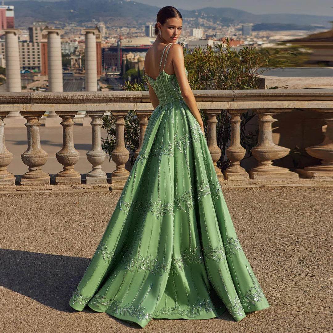 Luxury Beaded Dubai Green Evening Dresses with Spaghetti Straps SS225 DreamyVow Luxury Beaded Dubai Green Evening Dresses with Spaghetti Straps SS225 DreamyVow