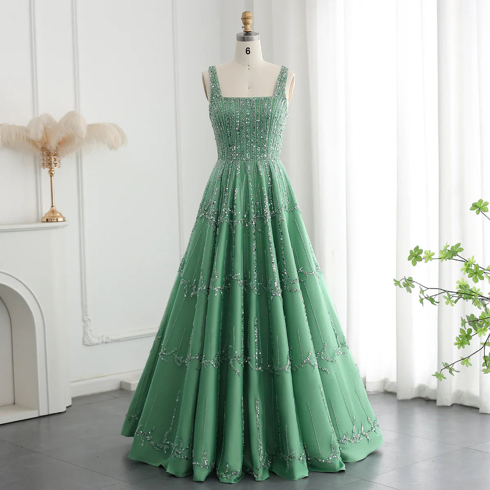 Luxury Beaded Dubai Green Evening Dresses with Spaghetti Straps SS225