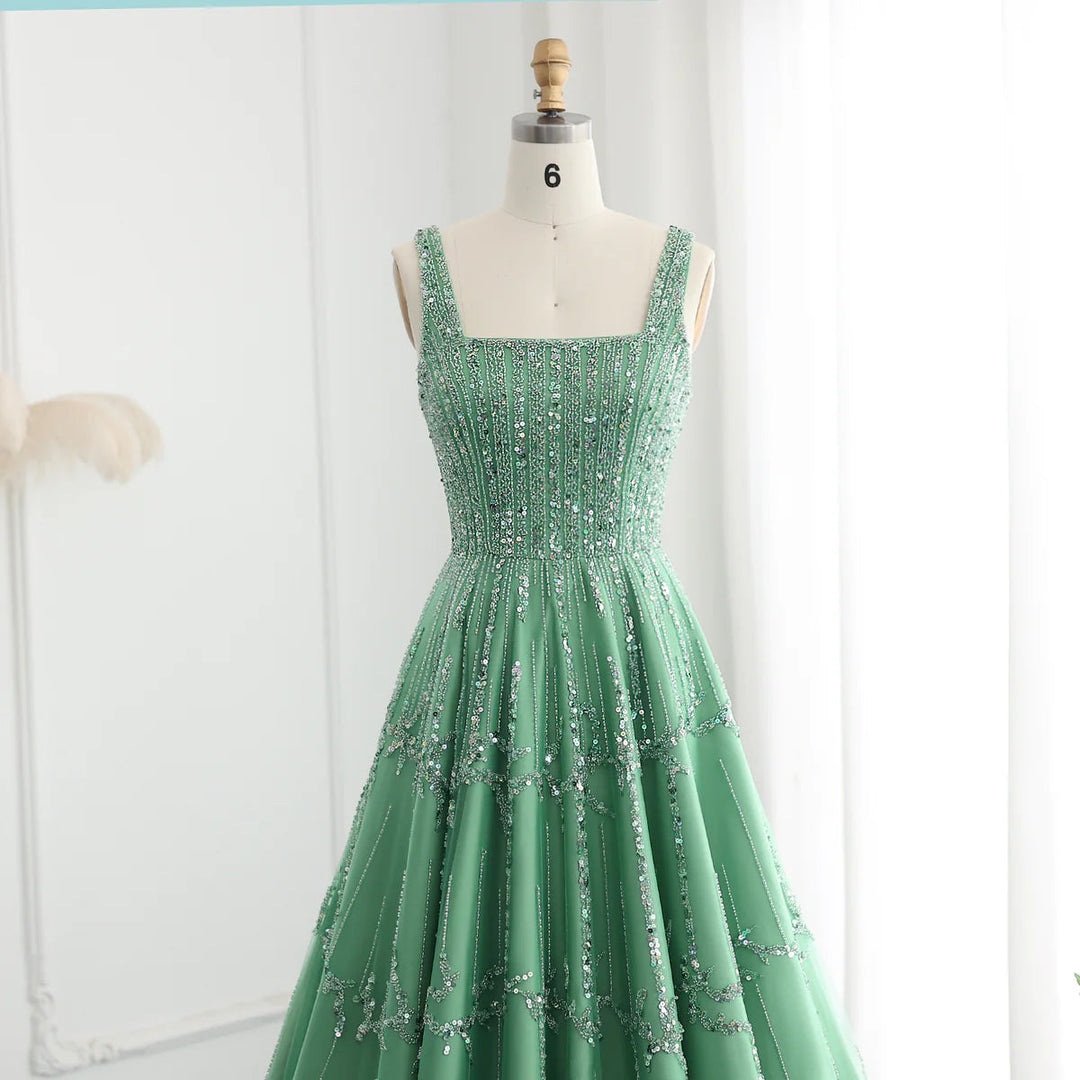 Luxury Beaded Dubai Green Evening Dresses with Spaghetti Straps SS225