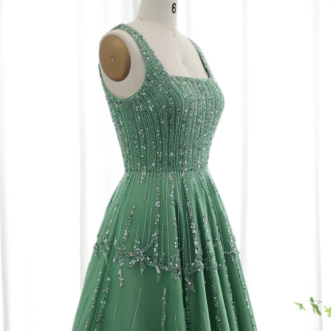 Luxury Beaded Dubai Green Evening Dresses with Spaghetti Straps SS225 Green V-Neck / 8 Luxury Beaded Dubai Green Evening Dresses with Spaghetti Straps SS225 Green V-Neck / 8
