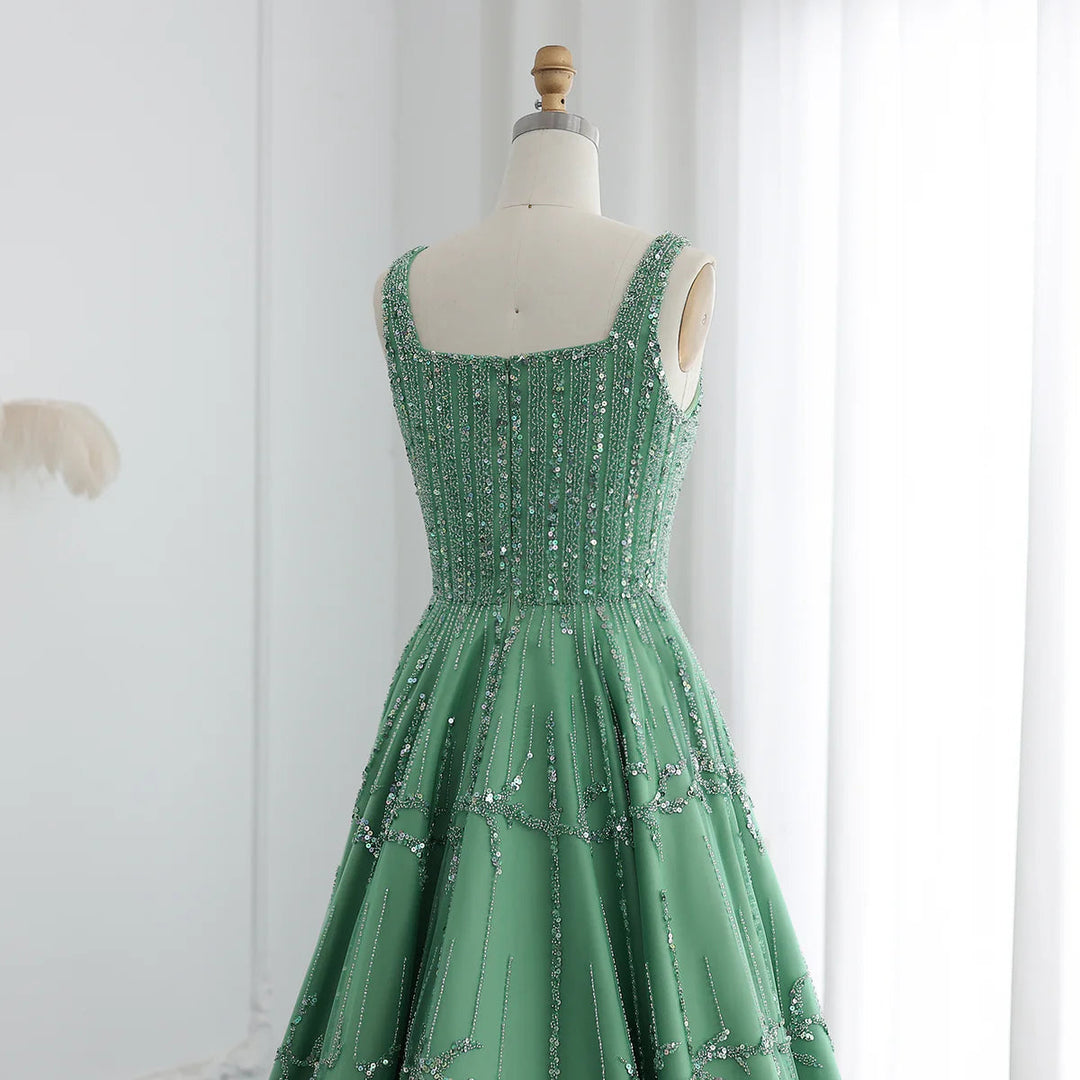 Luxury Beaded Dubai Green Evening Dresses with Spaghetti Straps SS225 DreamyVow Luxury Beaded Dubai Green Evening Dresses with Spaghetti Straps SS225 DreamyVow