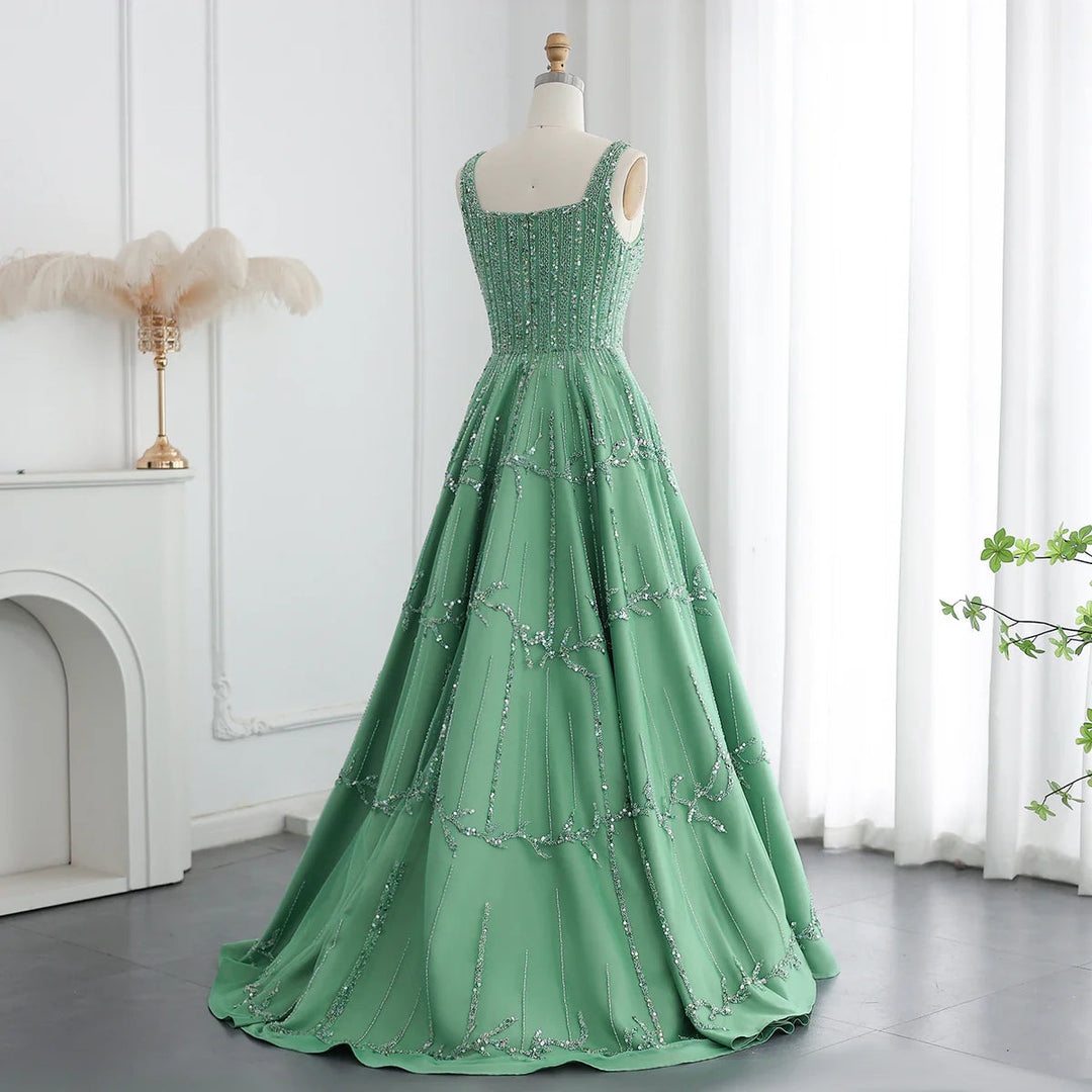 Luxury Beaded Dubai Green Evening Dresses with Spaghetti Straps SS225 DreamyVow Luxury Beaded Dubai Green Evening Dresses with Spaghetti Straps SS225 DreamyVow