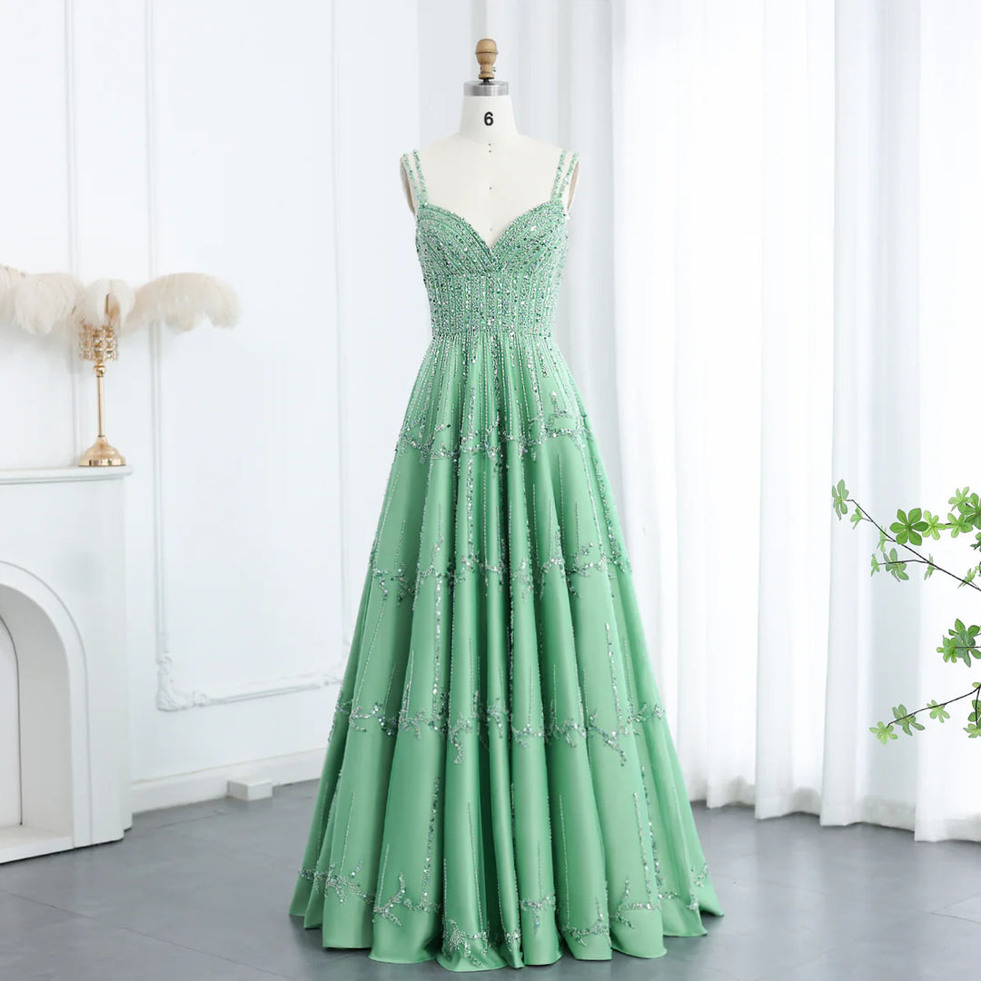Luxury Beaded Dubai Green Evening Dresses with Spaghetti Straps SS225 DreamyVow Luxury Beaded Dubai Green Evening Dresses with Spaghetti Straps SS225 DreamyVow