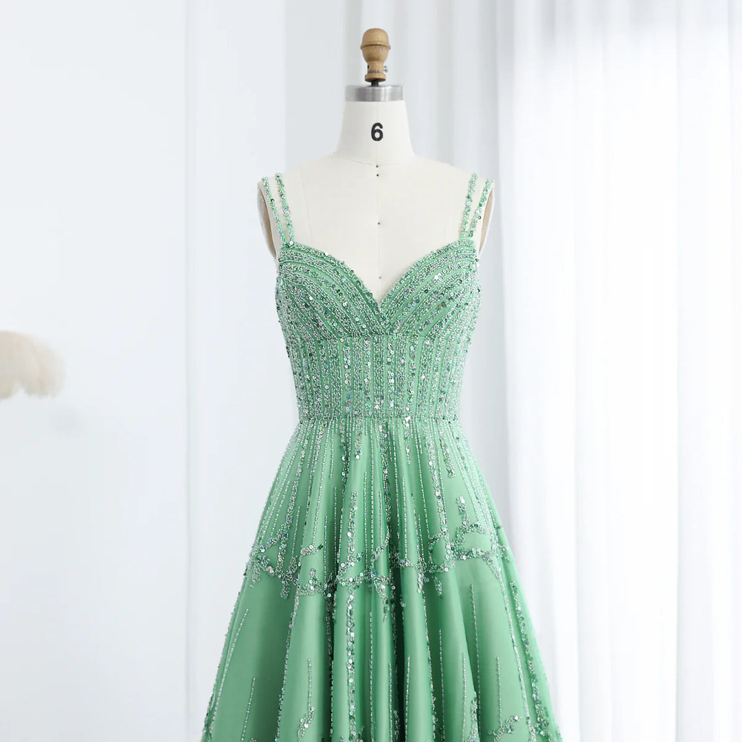 Luxury Beaded Dubai Green Evening Dresses with Spaghetti Straps SS225 DreamyVow Luxury Beaded Dubai Green Evening Dresses with Spaghetti Straps SS225 DreamyVow