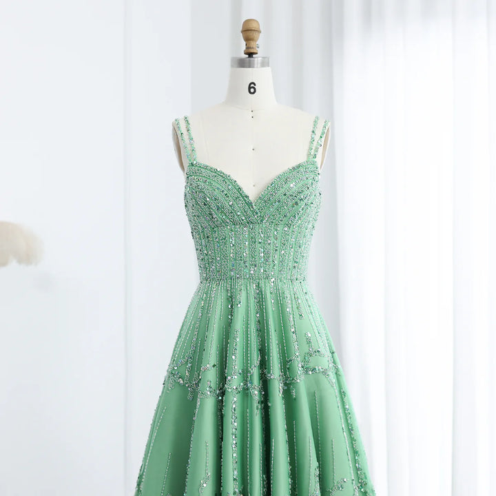 Luxury Beaded Dubai Green Evening Dresses with Spaghetti Straps SS225