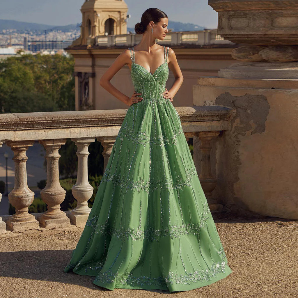 Luxury Beaded Dubai Green Evening Dresses with Spaghetti Straps SS225 Green V-Neck / 12 Luxury Beaded Dubai Green Evening Dresses with Spaghetti Straps SS225 Green V-Neck / 12