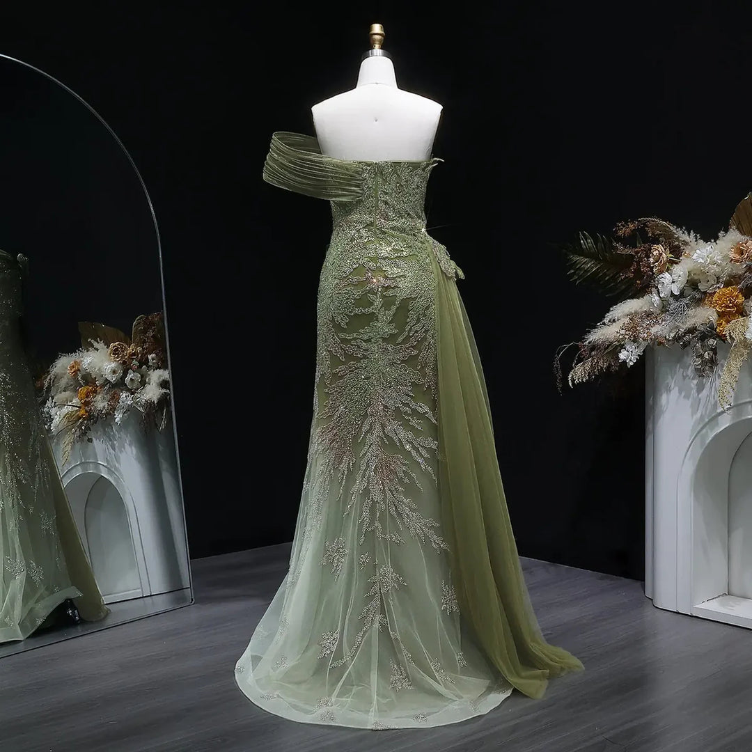 Luxury Beaded Evening Dress with Draped Shoulder Design Flowing Overskirt SS293-DreamyVow