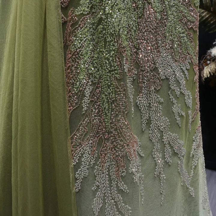 Luxury Beaded Evening Dress with Draped Shoulder Design Flowing Overskirt SS293-DreamyVow