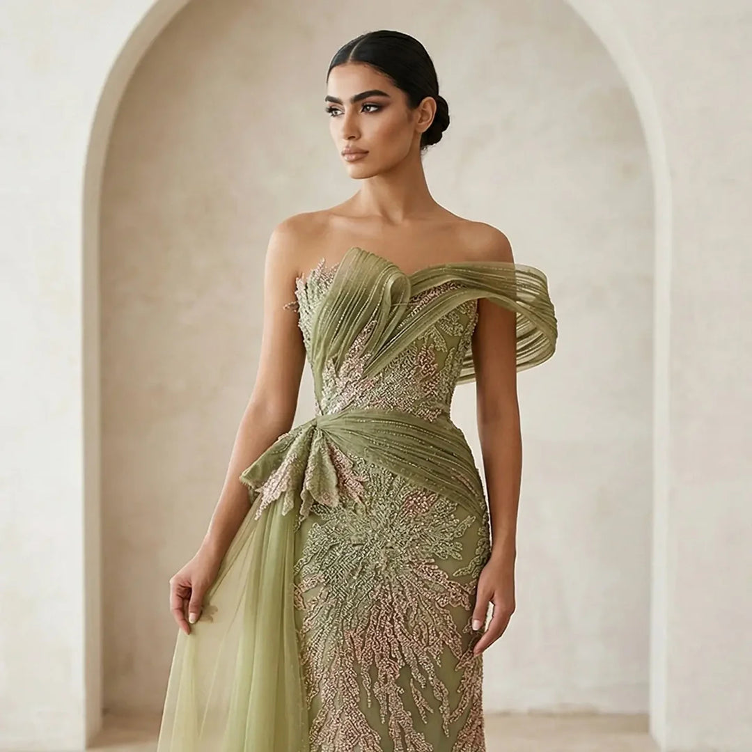 Luxury Beaded Evening Dress with Draped Shoulder Design Flowing Overskirt SS293 Gradient Blue / 6