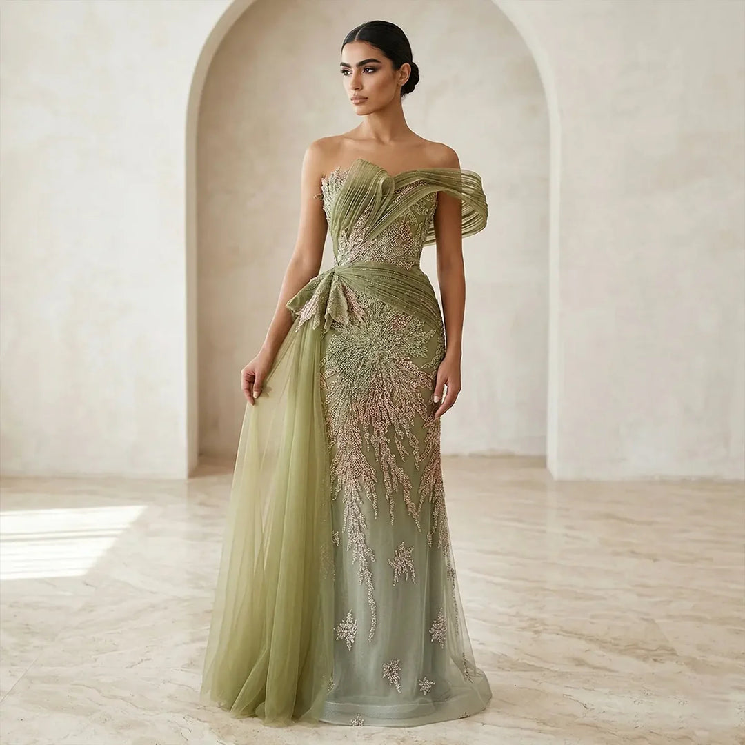 Luxury Beaded Evening Dress with Draped Shoulder Design Flowing Overskirt SS293-DreamyVow