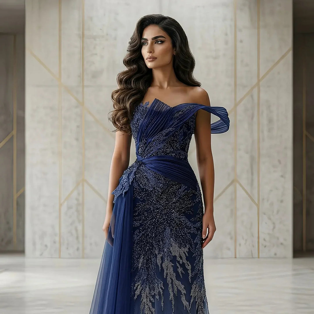 Luxury Beaded Evening Dress with Draped Shoulder Design Flowing Overskirt SS293-DreamyVow