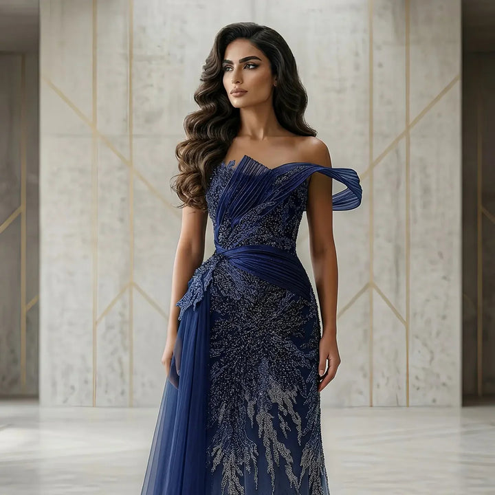 Luxury Beaded Evening Dress with Draped Shoulder Design Flowing Overskirt SS293-DreamyVow