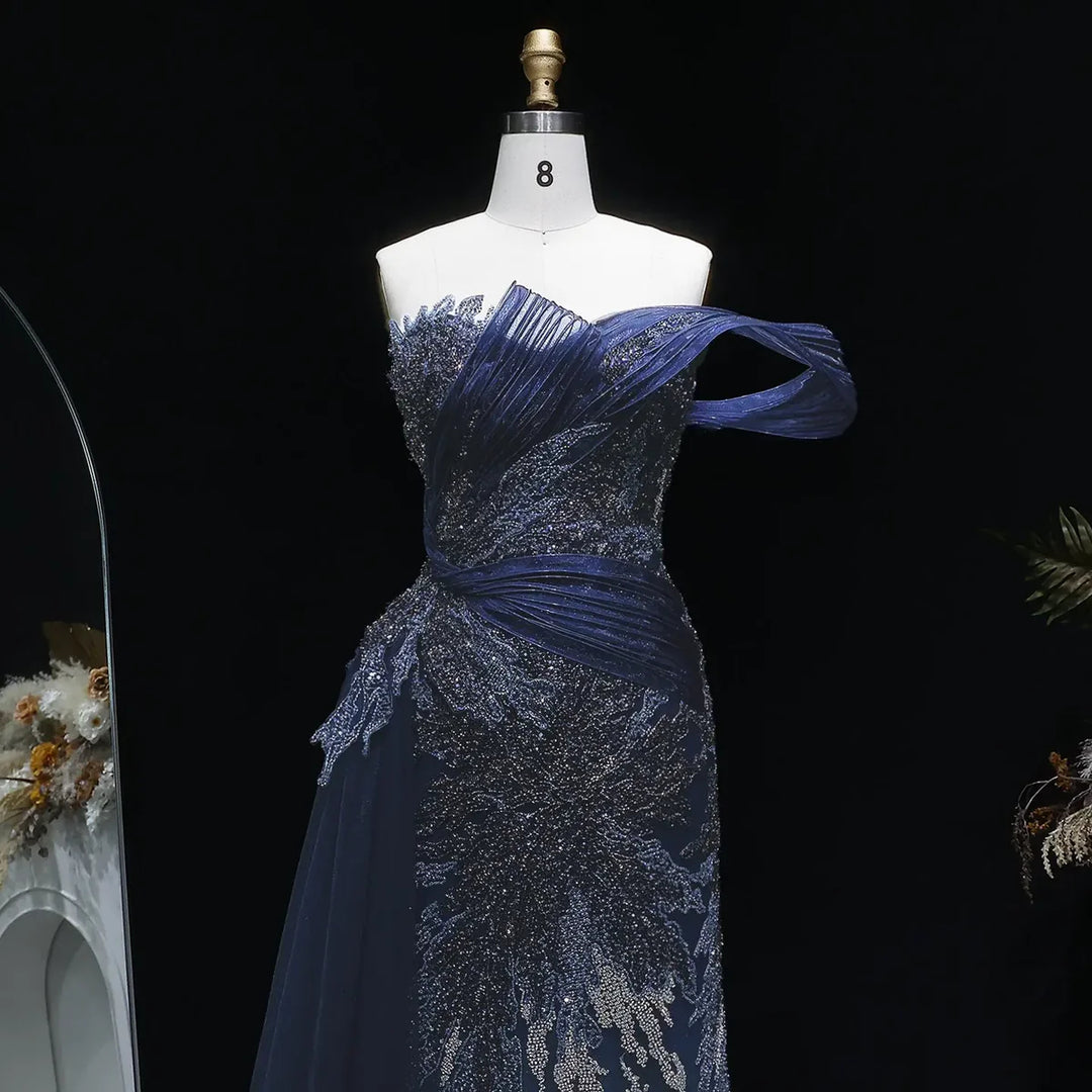 Luxury Beaded Evening Dress with Draped Shoulder Design Flowing Overskirt SS293-DreamyVow
