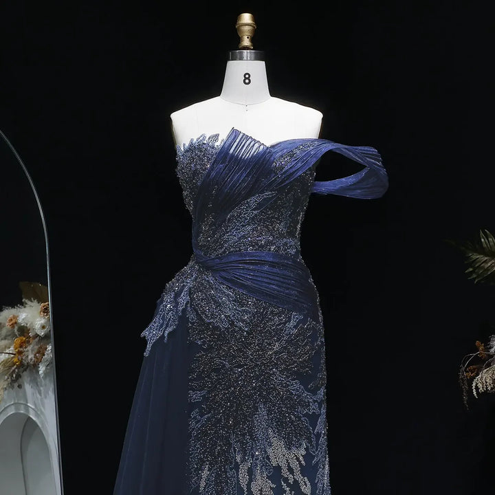Luxury Beaded Evening Dress with Draped Shoulder Design Flowing Overskirt SS293-DreamyVow