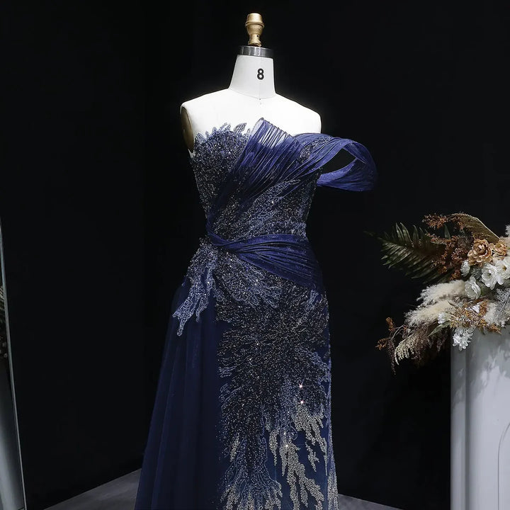 Luxury Beaded Evening Dress with Draped Shoulder Design Flowing Overskirt SS293-DreamyVow