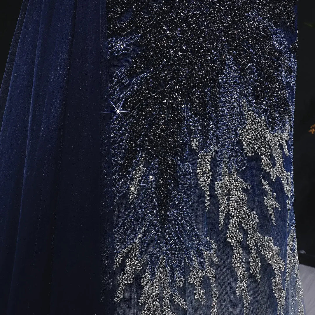 Luxury Beaded Evening Dress with Draped Shoulder Design Flowing Overskirt SS293-DreamyVow