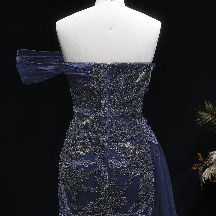 Luxury Beaded Evening Dress with Draped Shoulder Design Flowing Overskirt SS293-DreamyVow