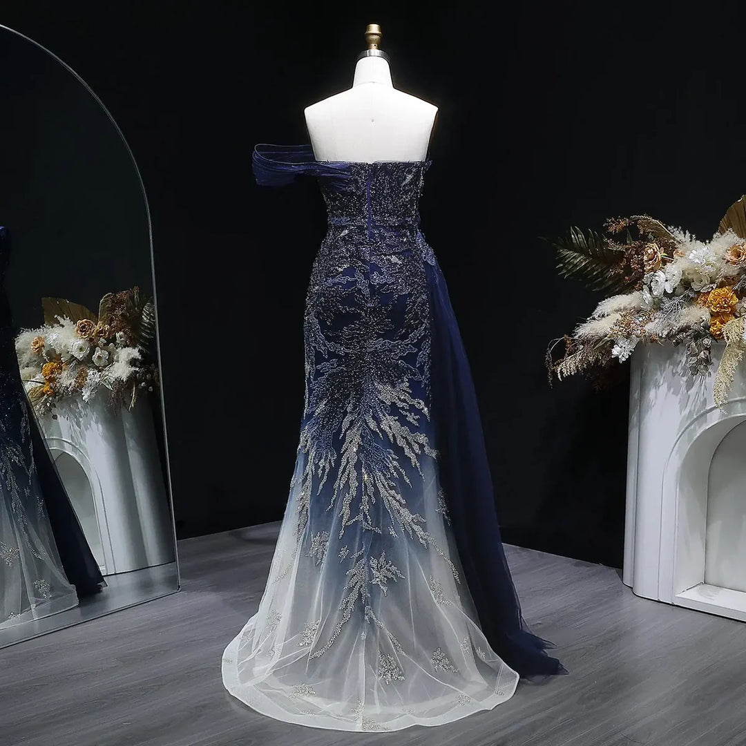 Luxury Beaded Evening Dress with Draped Shoulder Design Flowing Overskirt SS293 Gradient Blue / 10