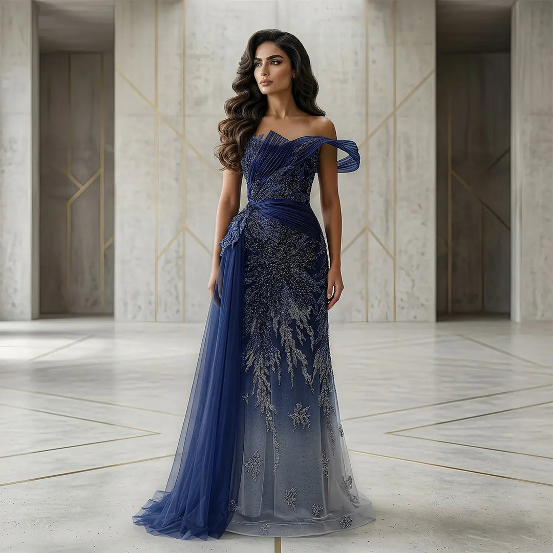 Luxury Beaded Evening Dress with Draped Shoulder Design Flowing Overskirt SS293-DreamyVow