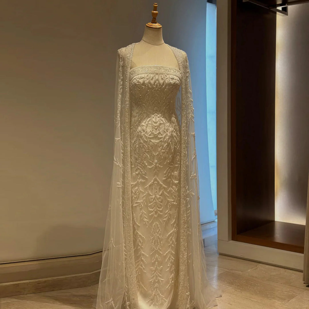 Luxury Beaded Evening Dress with Sheer Cape in Pink White SS393-DreamyVow