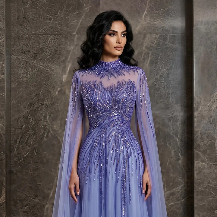 Luxury Beaded High Neck Evening Dress with Cape Sleeves SS134-DreamyVow