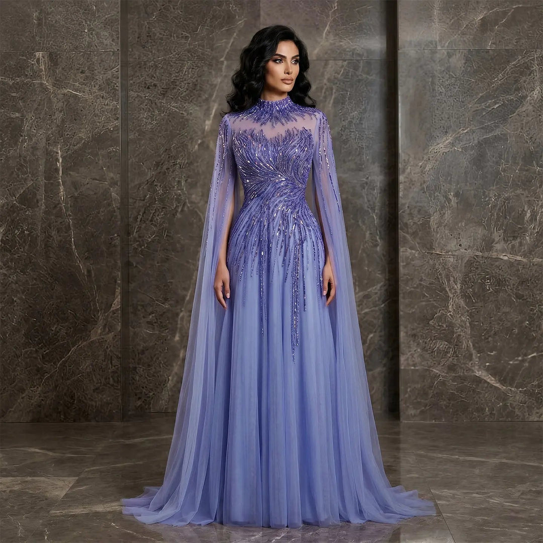 Luxury Beaded High Neck Evening Dress with Cape Sleeves SS134 DreamyVow Luxury Beaded High Neck Evening Dress with Cape Sleeves SS134 DreamyVow