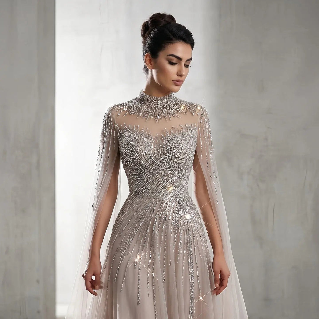 Luxury Beaded High Neck Evening Dress with Cape Sleeves SS134 DreamyVow Luxury Beaded High Neck Evening Dress with Cape Sleeves SS134 DreamyVow