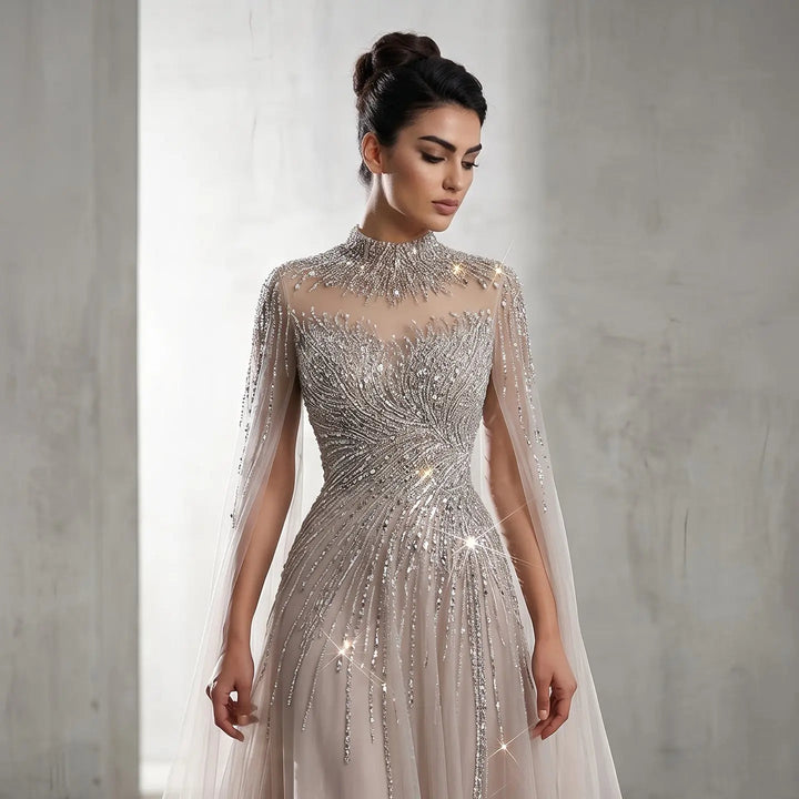 Luxury Beaded High Neck Evening Dress with Cape Sleeves SS134-DreamyVow