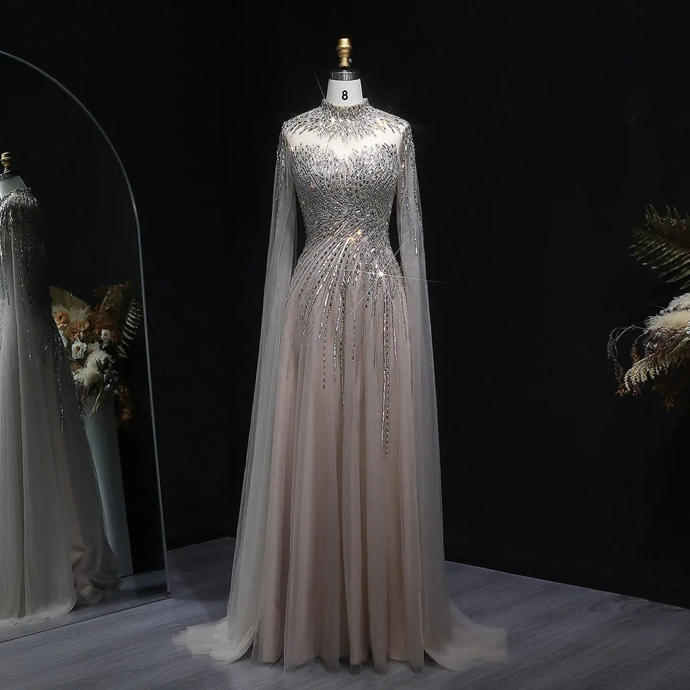 Luxury Beaded High Neck Evening Dress with Cape Sleeves SS134-DreamyVow