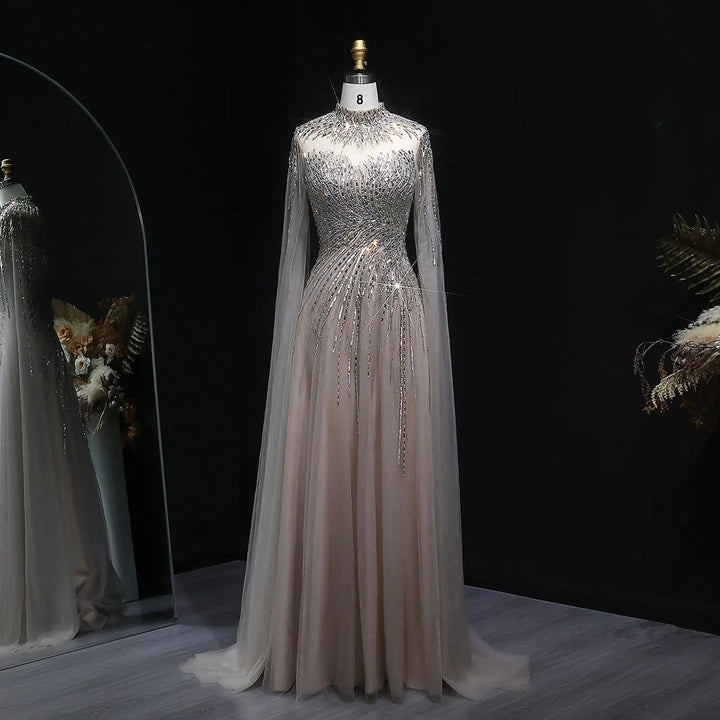 Luxury Beaded High Neck Evening Dress with Cape Sleeves SS134-DreamyVow