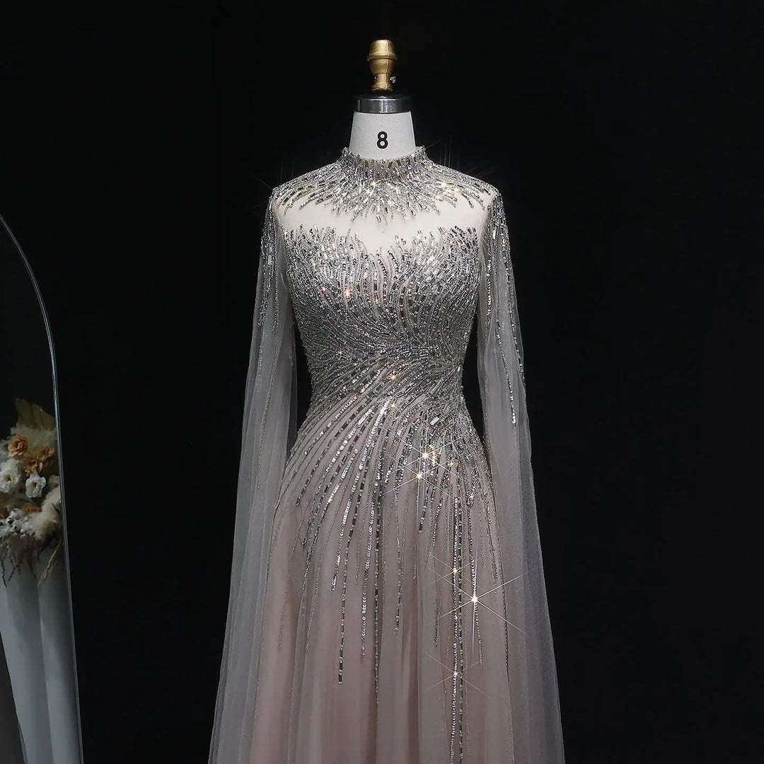 Luxury Beaded High Neck Evening Dress with Cape Sleeves SS134 Caramel / 12 Luxury Beaded High Neck Evening Dress with Cape Sleeves SS134 Caramel / 12