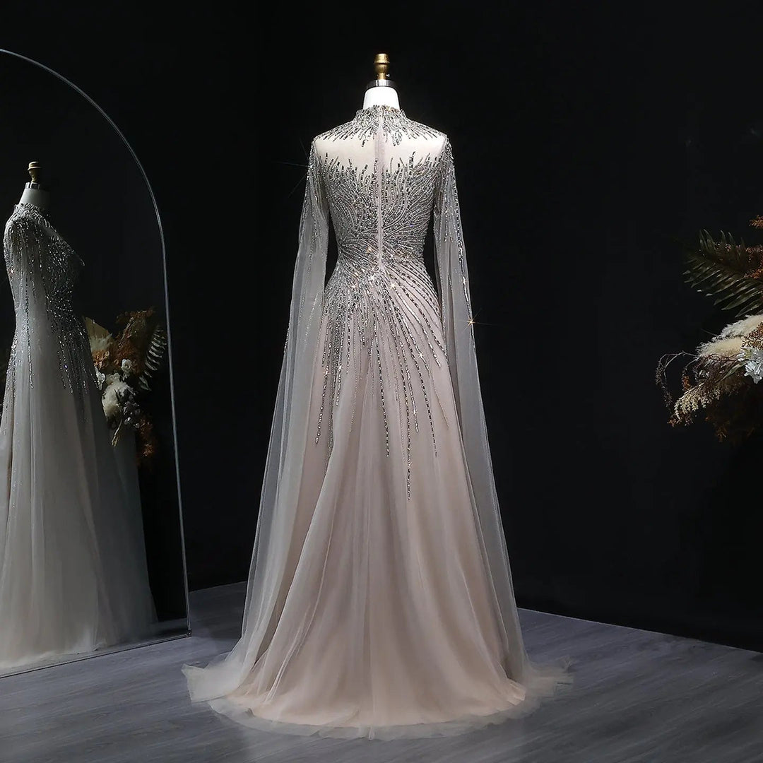 Luxury Beaded High Neck Evening Dress with Cape Sleeves SS134 DreamyVow Luxury Beaded High Neck Evening Dress with Cape Sleeves SS134 DreamyVow